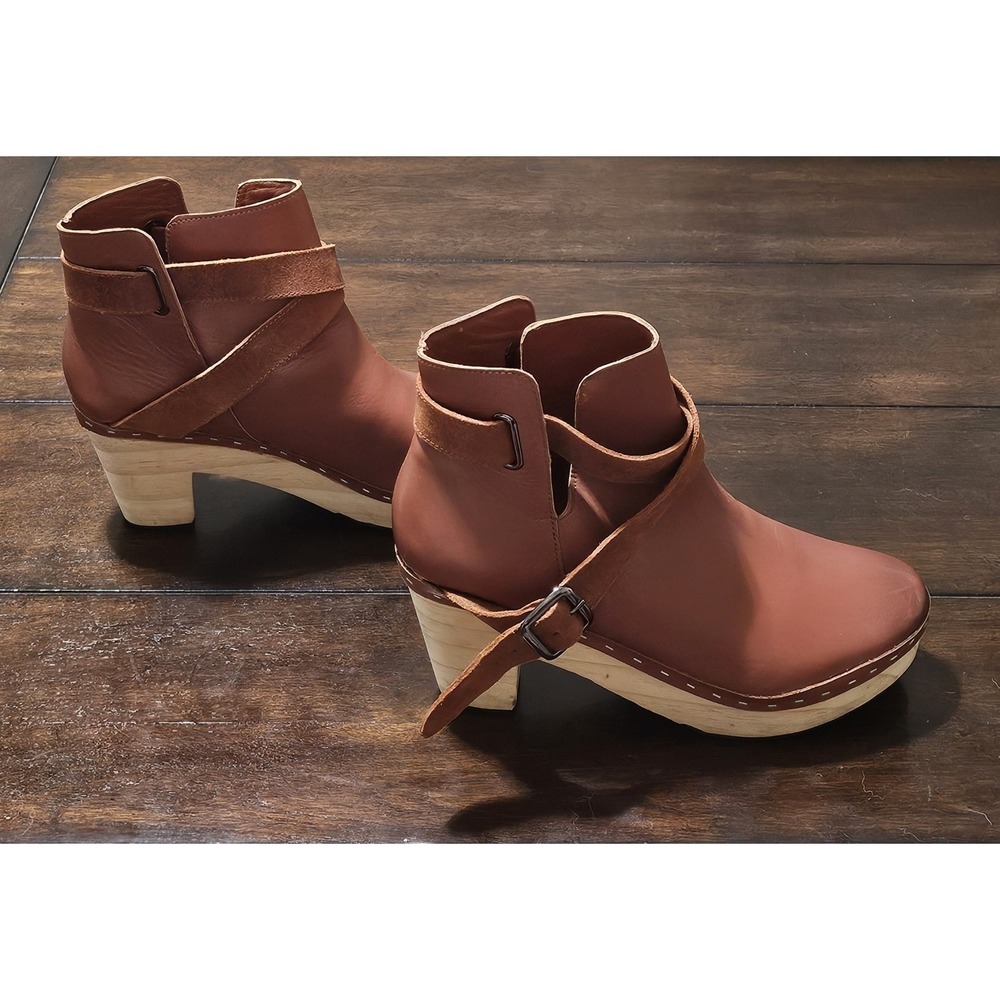 Free People Bungalow Clog Boots Size 41 Leather Wood Platform Shoes Brown